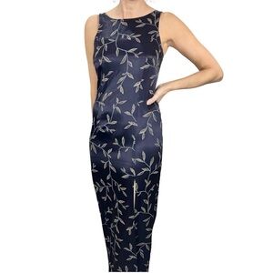 Vintage 90s Smart Set dark blue leaf print fitted satin maxi dress 3/4
